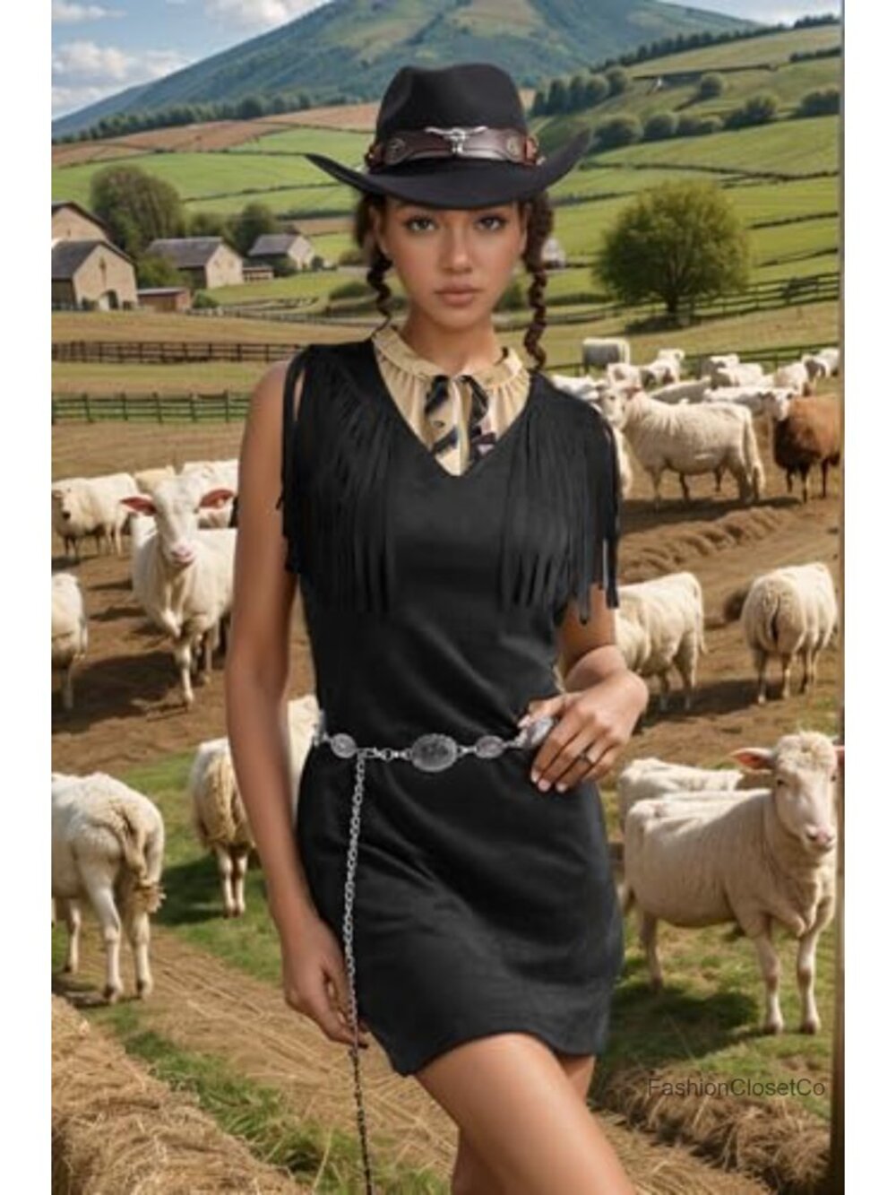 Fringe Vest Dress Faux Suede V Neck A Line Mini Western Cowgirl Slight Stretch - Picture 3 of 5